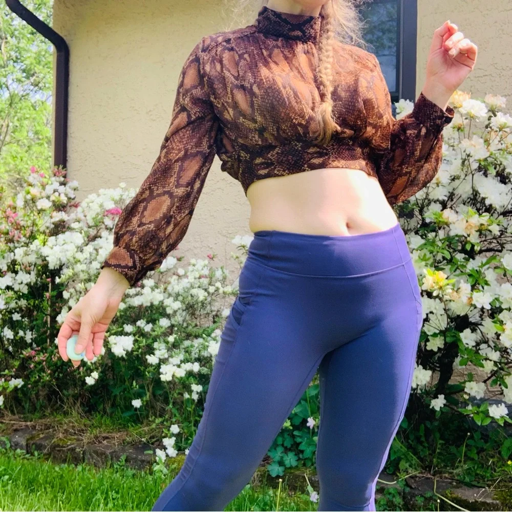 Zara Snake Gold Dramatic Balloon Sleeves Sheer Crop Top